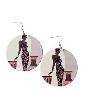 Womens Lady African American Wooden Round Painted Retro French Hook Earrings